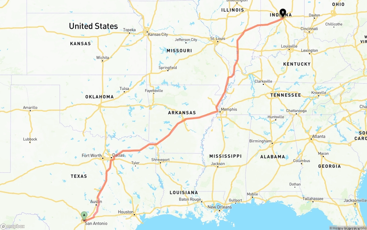 Shipping route from San Antonio to Indianapolis