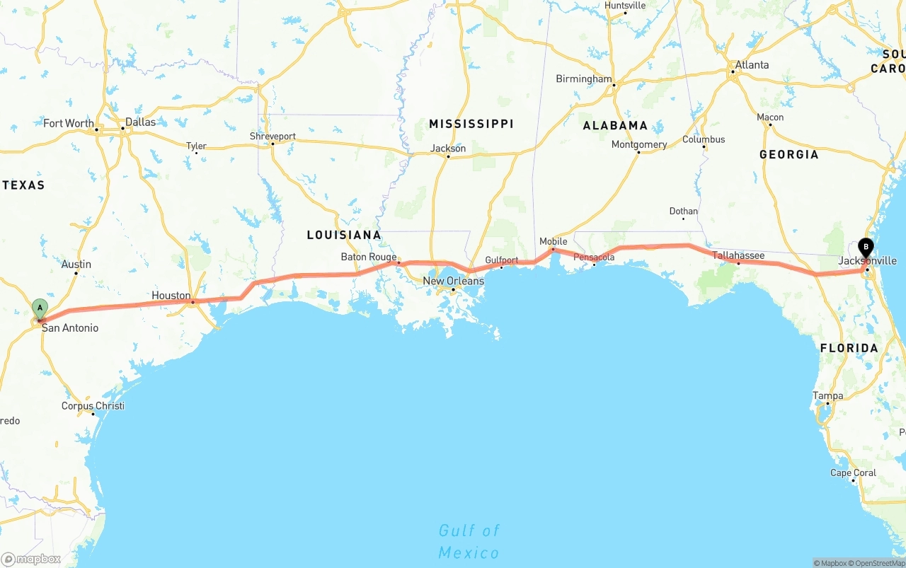 Shipping route from San Antonio to Jacksonville International Airport