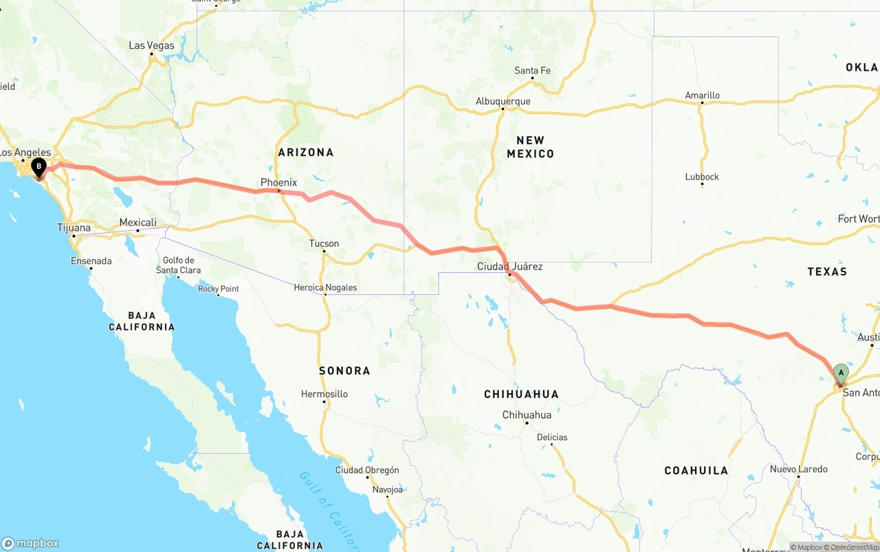 Shipping route from San Antonio to John Wayne Airport — Orange County