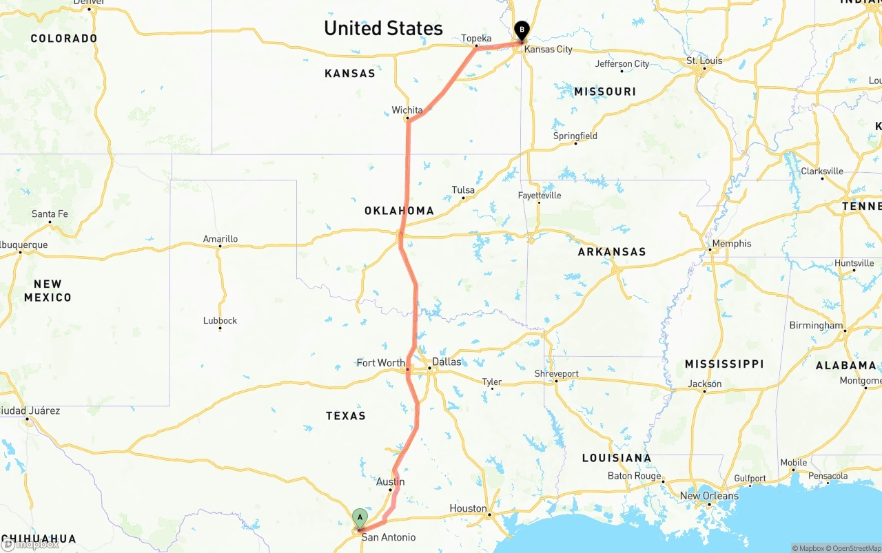 Shipping route from San Antonio to Kansas City
