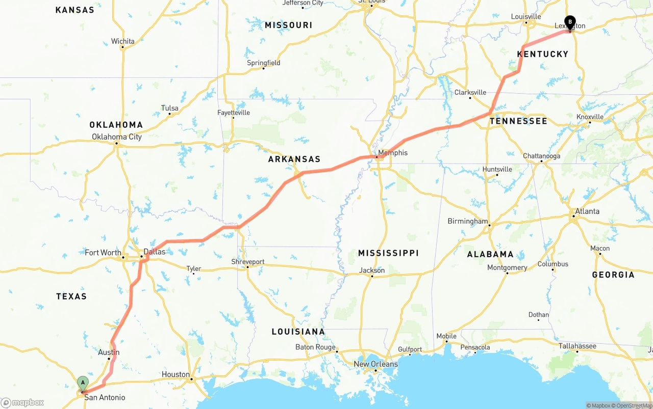 Shipping route from San Antonio to Lexington