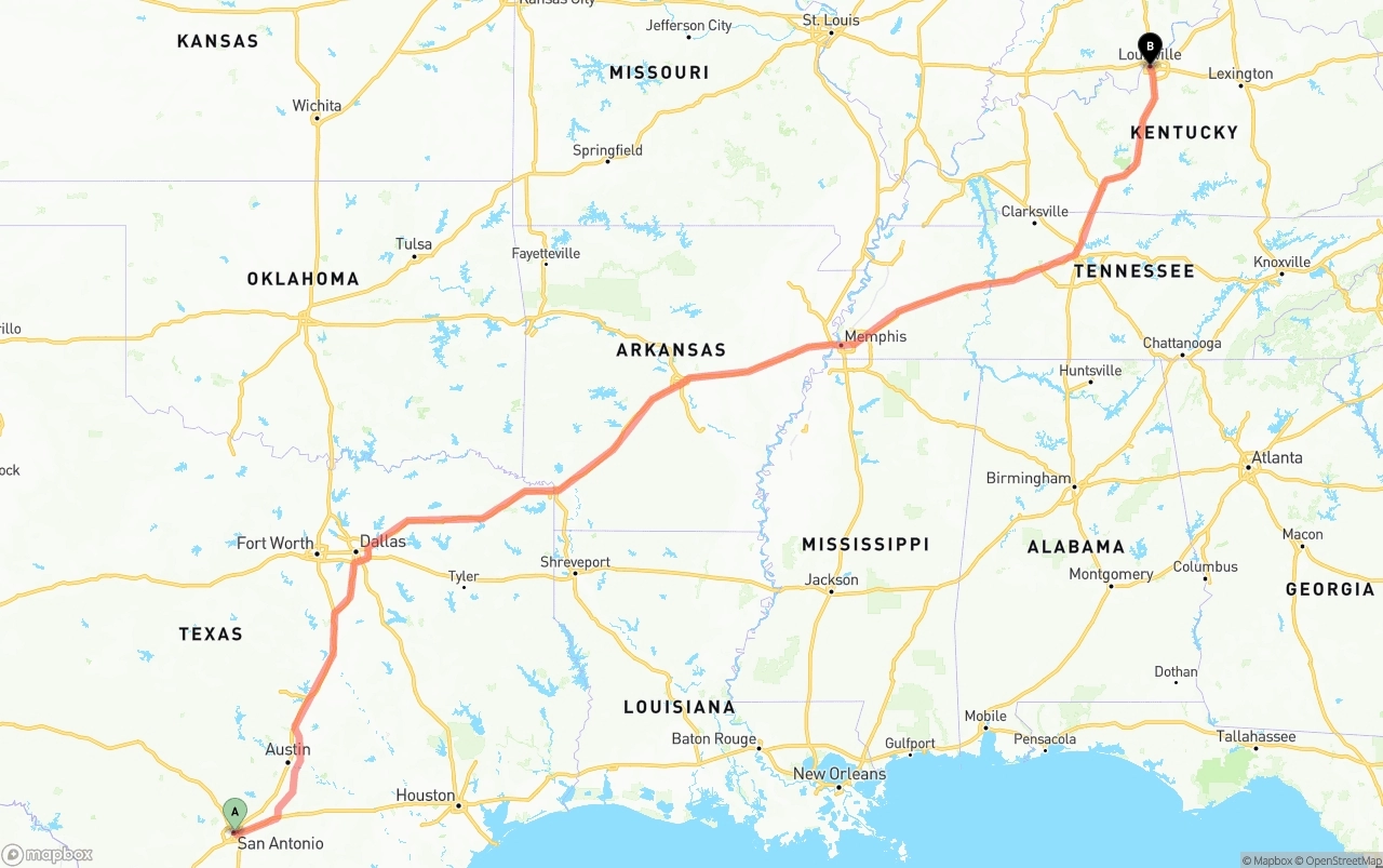 Shipping route from San Antonio to Louisville