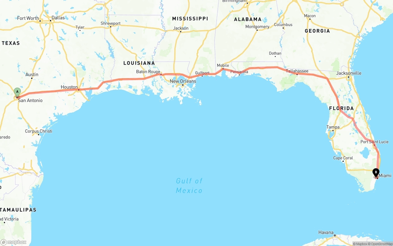 Shipping route from San Antonio to Miami International Airport