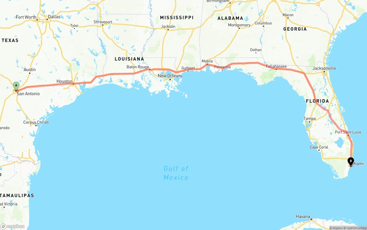 Shipping route from San Antonio to Miami