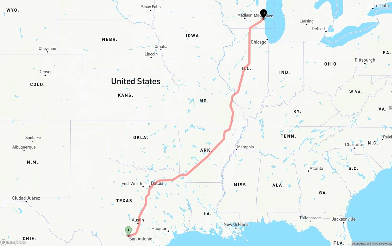 Shipping route from San Antonio to Milwaukee