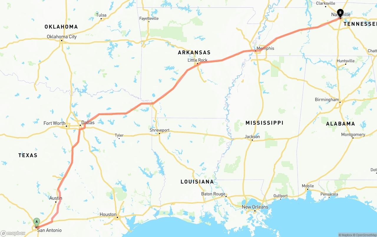 Shipping route from San Antonio to Nashville