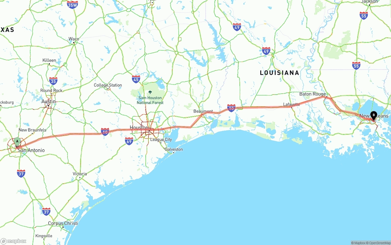 Shipping route from San Antonio to New Orleans