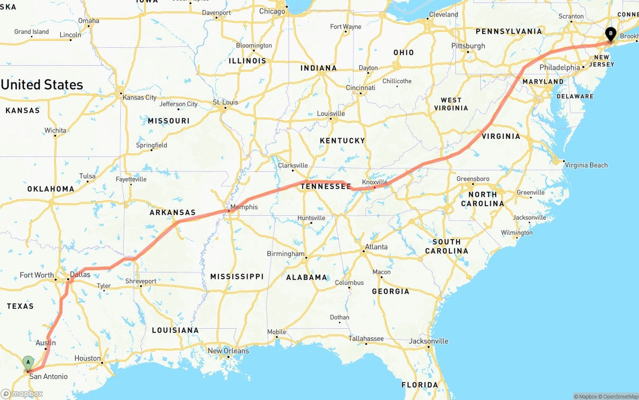 Shipping route from San Antonio to New York City