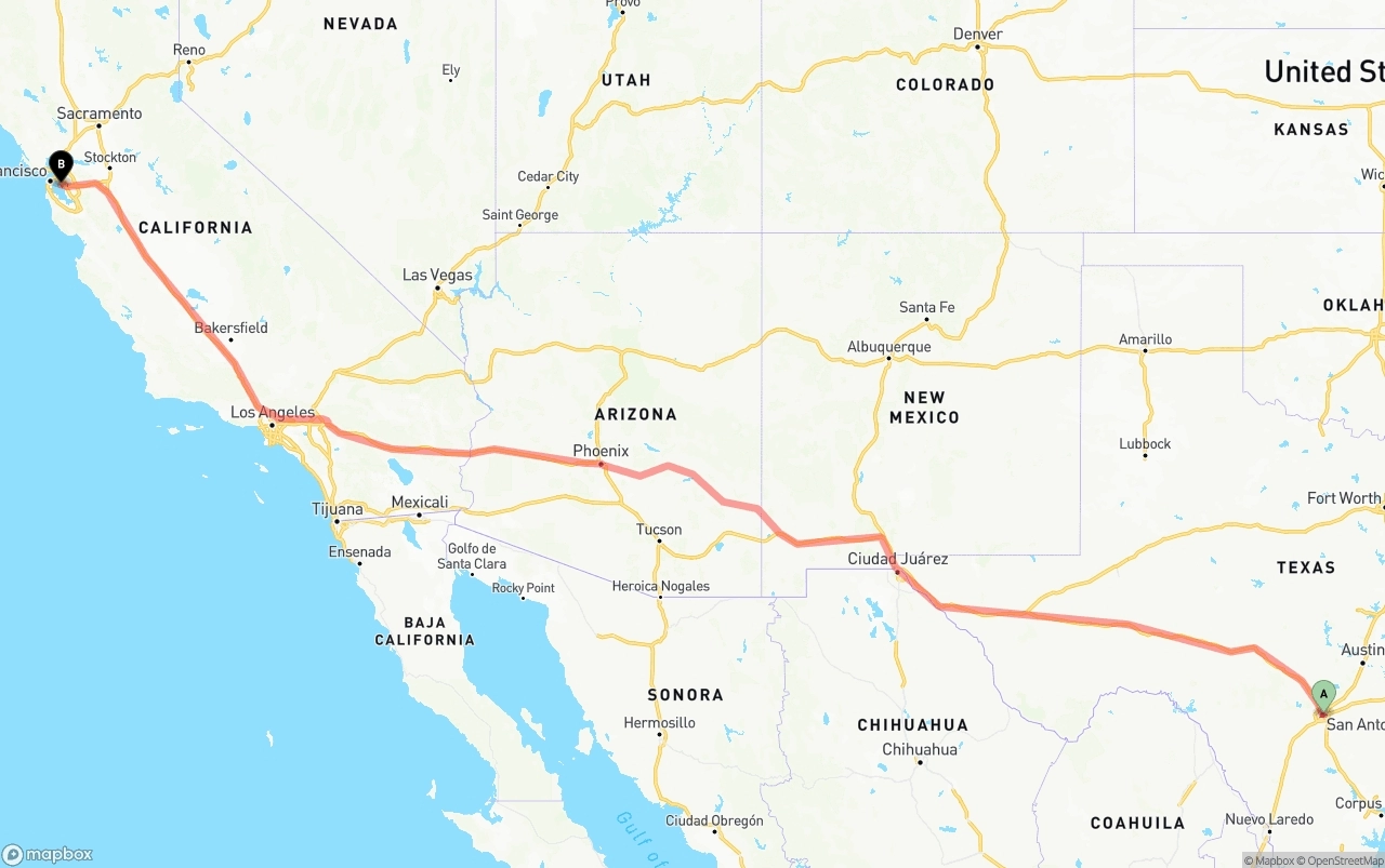 Shipping route from San Antonio to Oakland International Airport