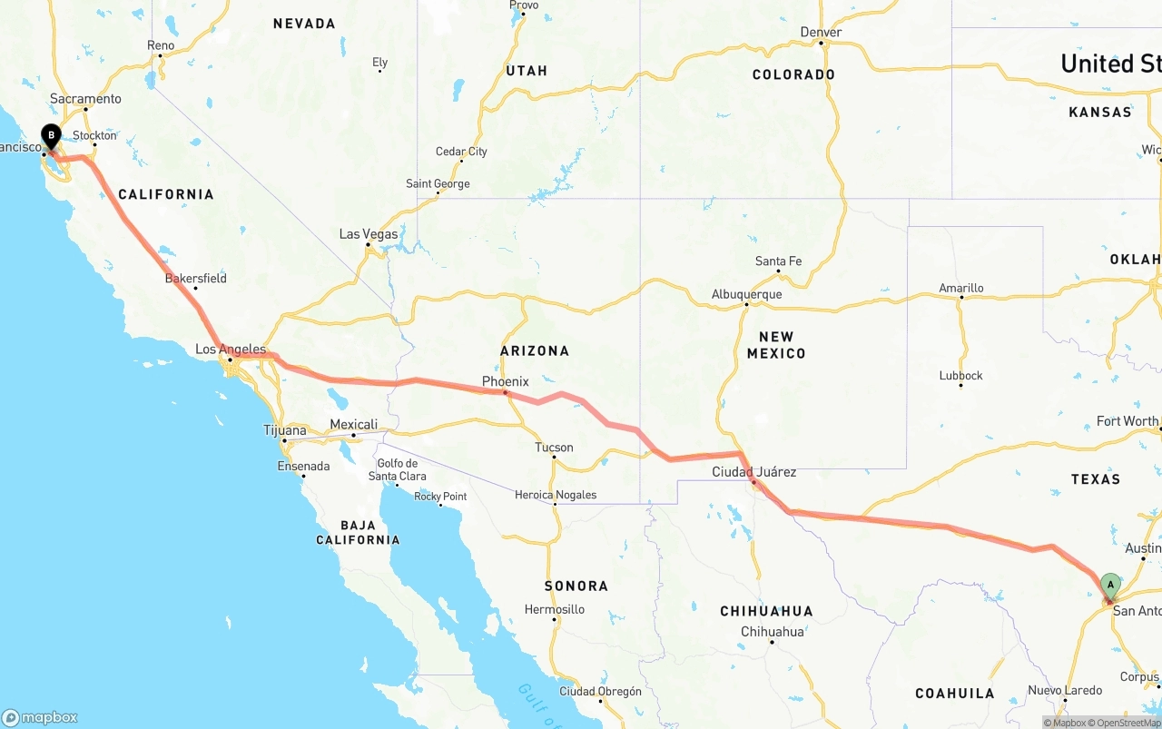 Shipping route from San Antonio to Oakland