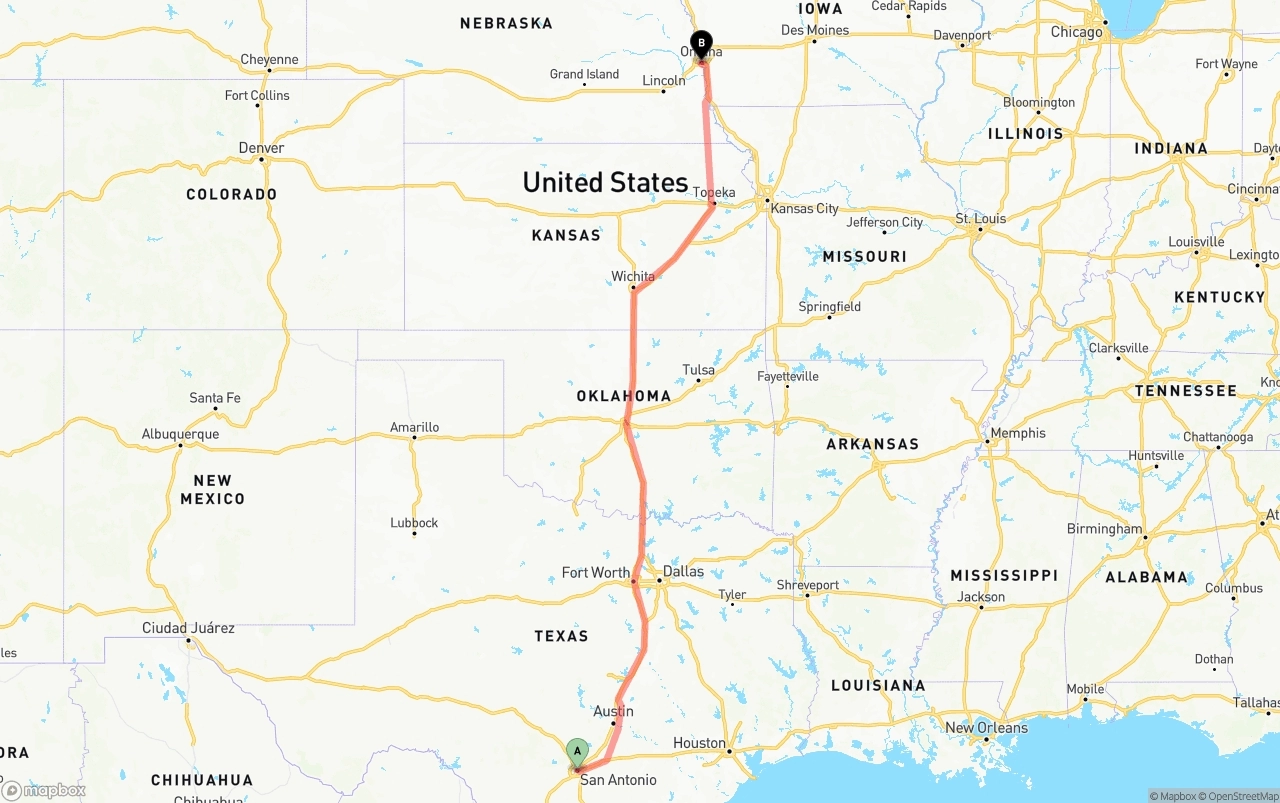 Shipping route from San Antonio to Omaha