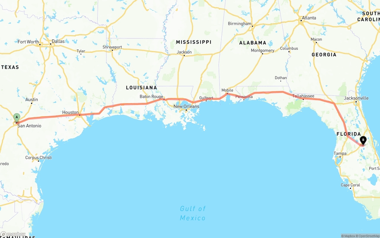 Shipping route from San Antonio to Orlando International Airport