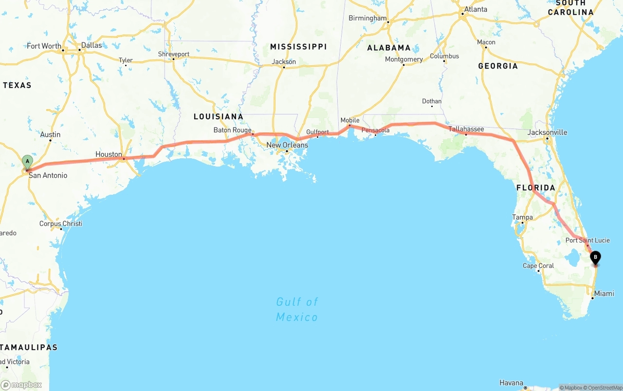 Shipping route from San Antonio to Palm Beach International Airport
