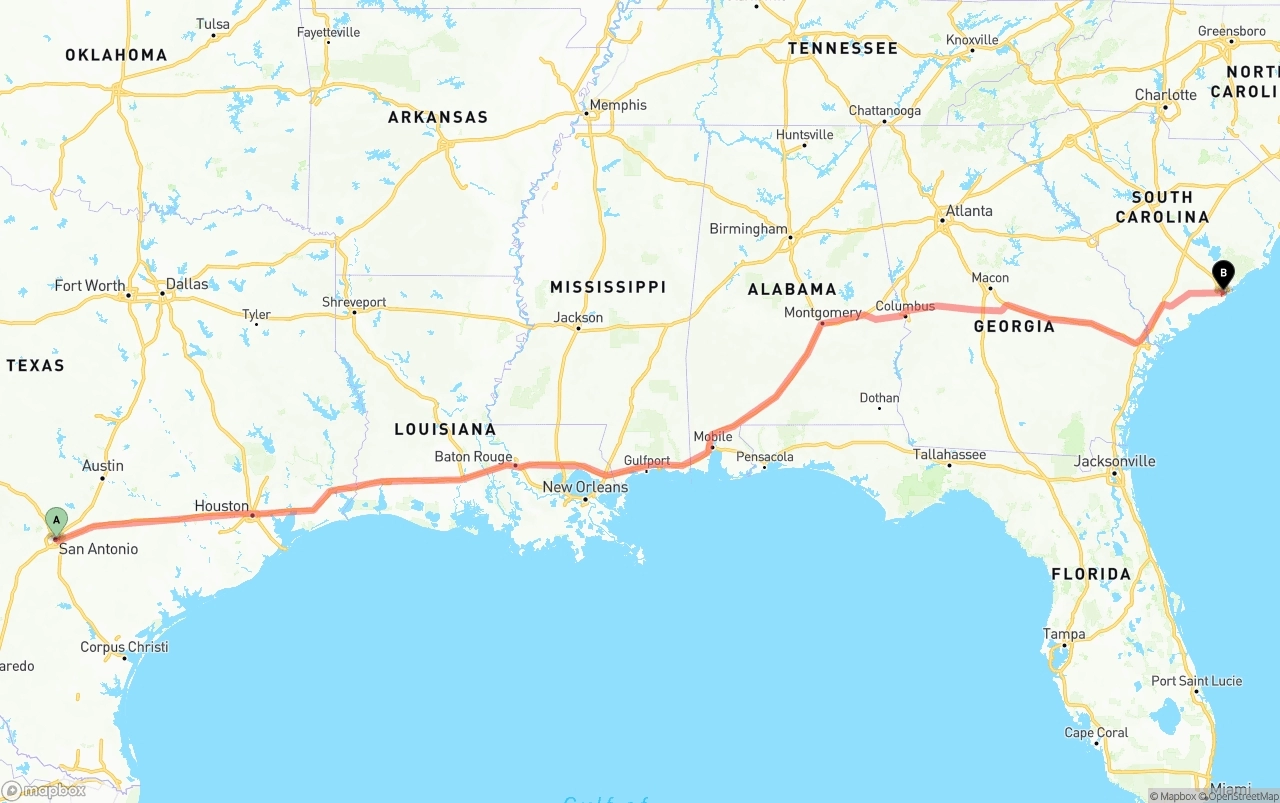Shipping route from San Antonio to Port of Charleston