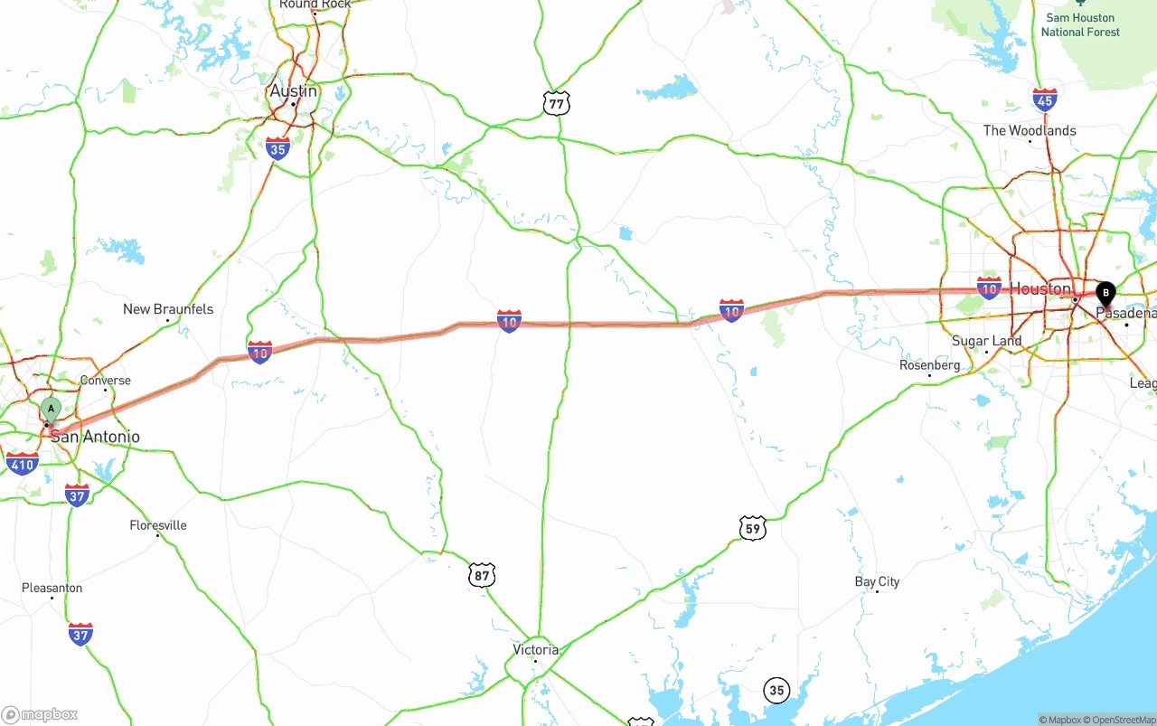 Shipping route from San Antonio to Port of Houston