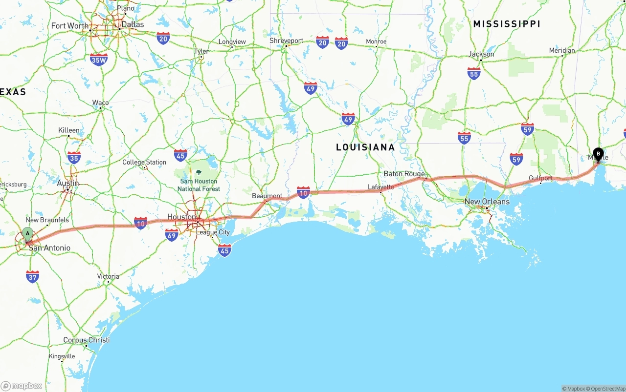 Shipping route from San Antonio to Port of Mobile