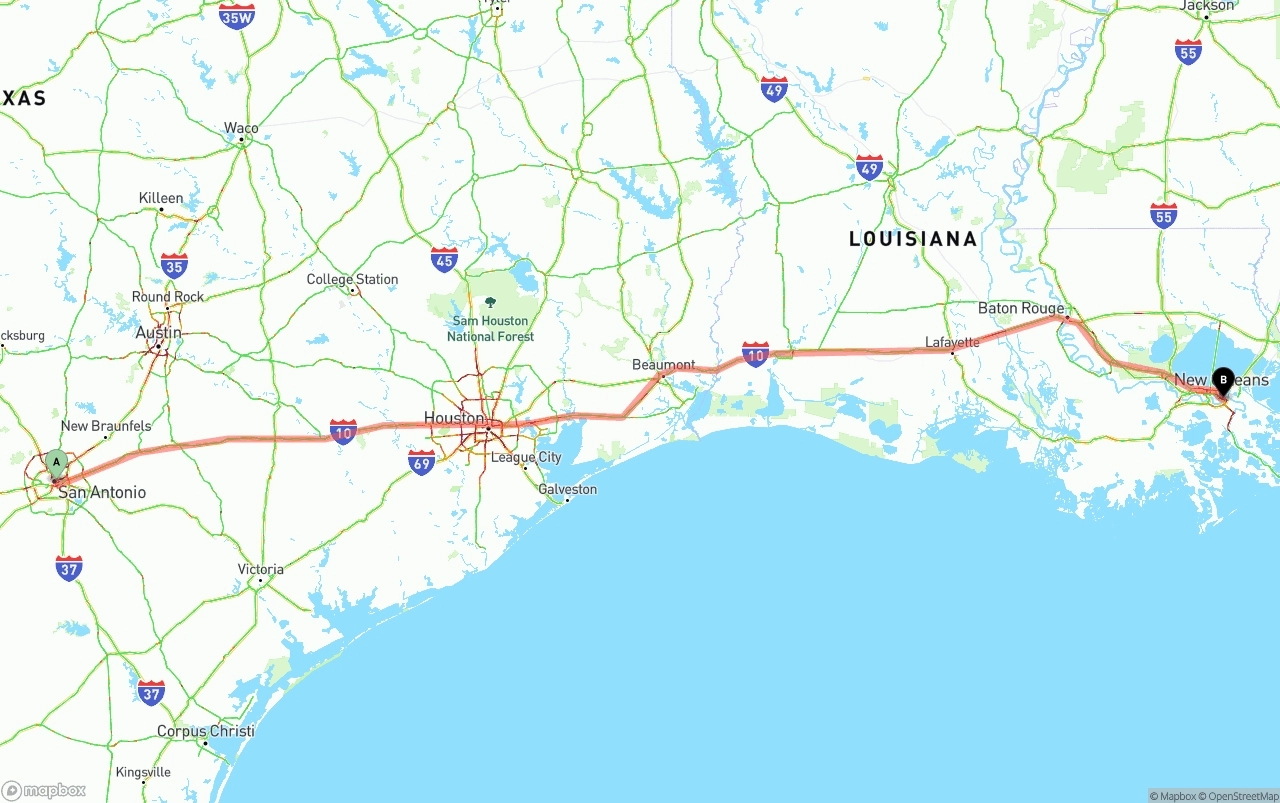 Shipping route from San Antonio to Port of New Orleans