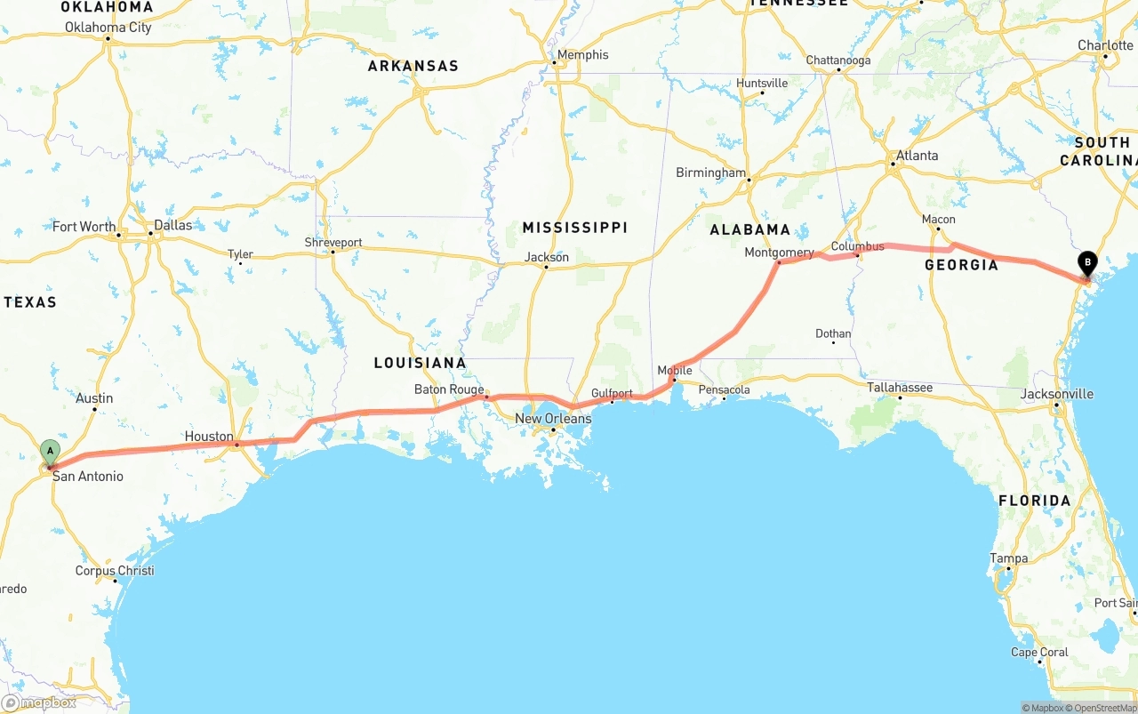 Shipping route from San Antonio to Port of Savannah