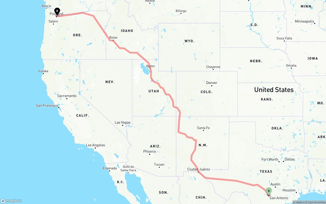 Shipping route from San Antonio to Portland International Airport