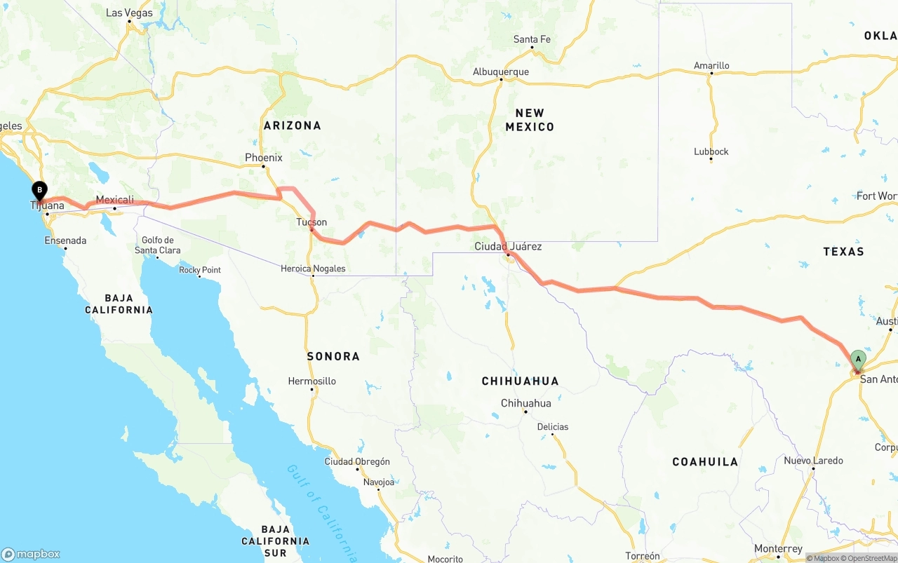 Shipping route from San Antonio to San Diego International Airport