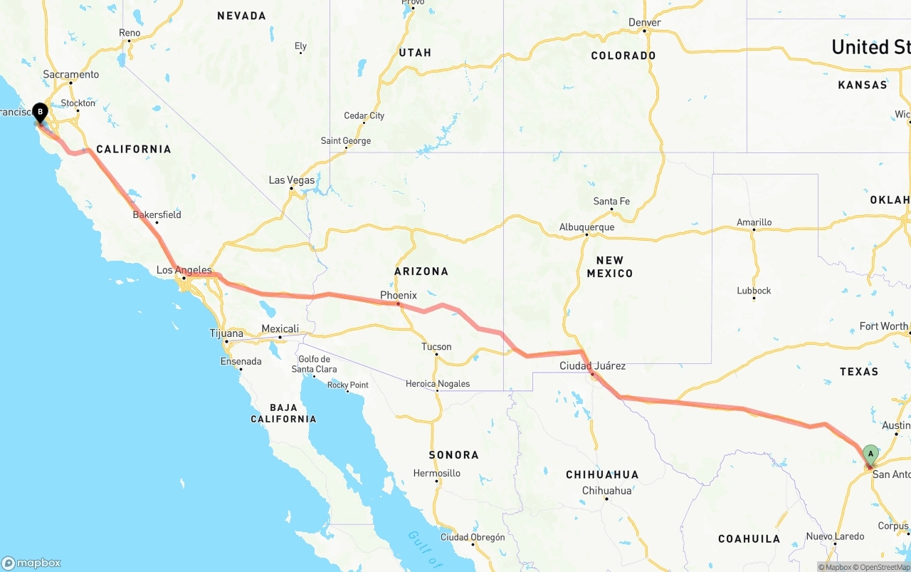 Shipping route from San Antonio to San Francisco International Airport