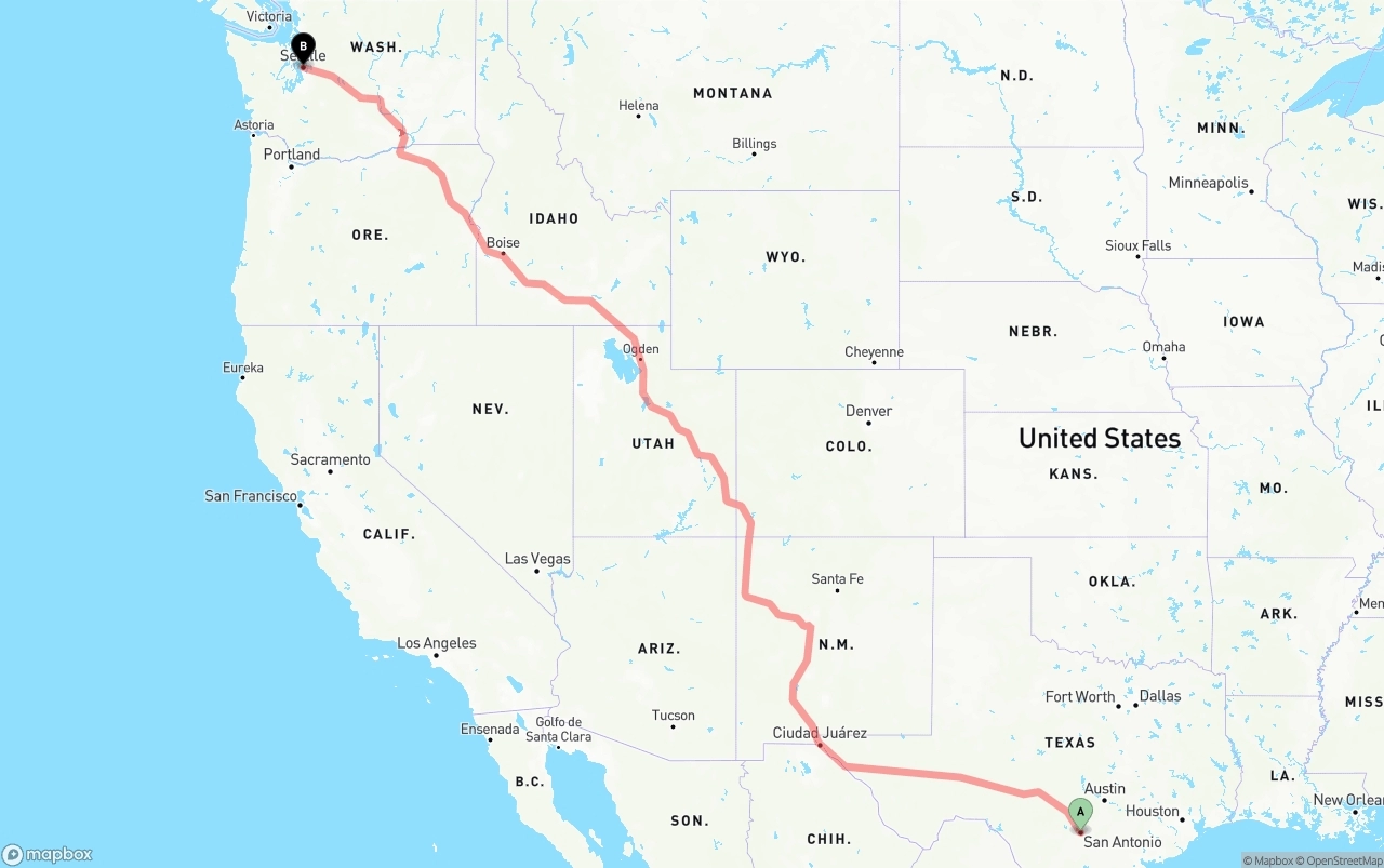 Shipping route from San Antonio to Seattle