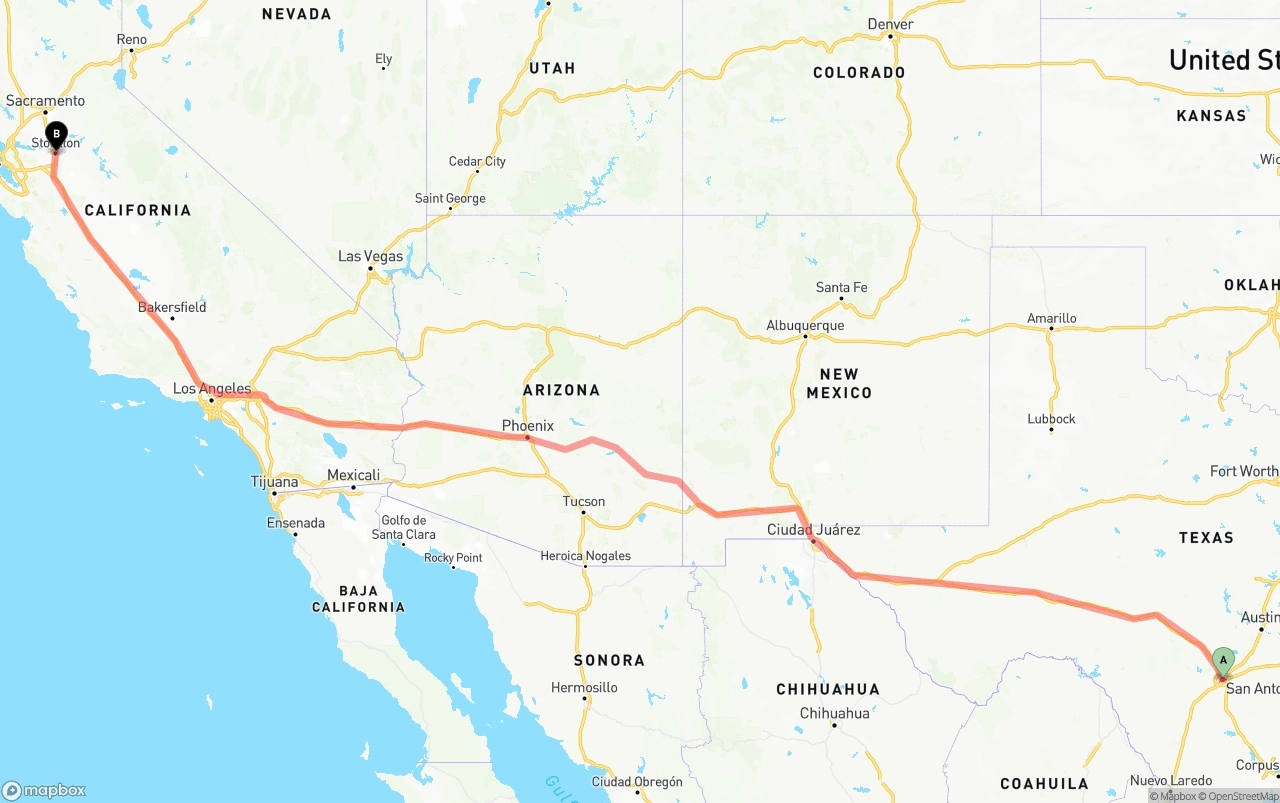 Shipping route from San Antonio to Stockton