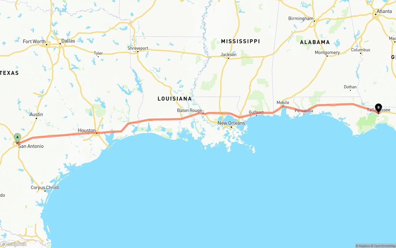 Shipping route from San Antonio to Tallahassee