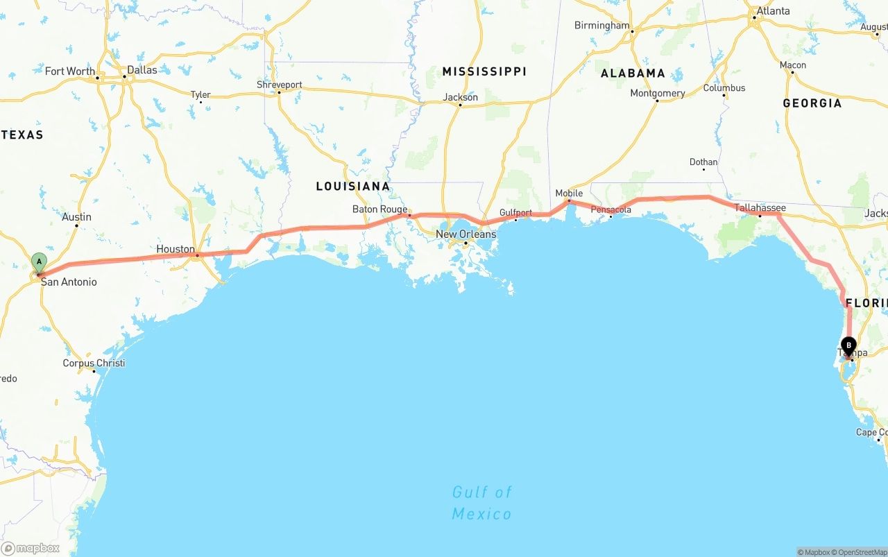 Shipping route from San Antonio to Tampa International Airport