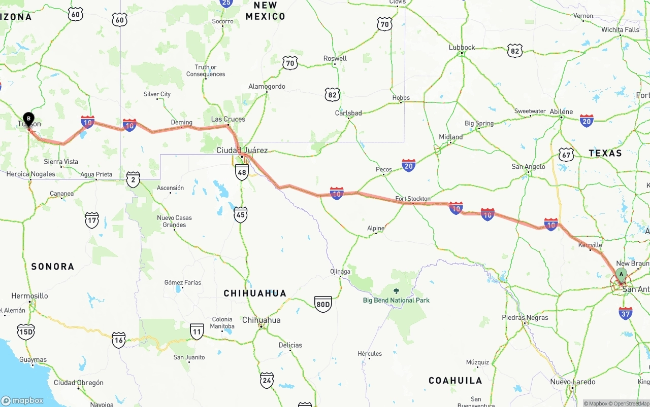Shipping route from San Antonio to Tucson