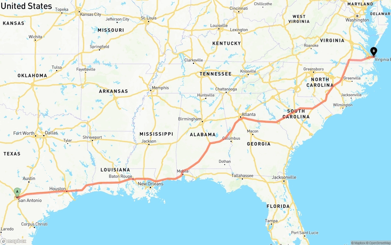 Shipping route from San Antonio to Virginia Beach