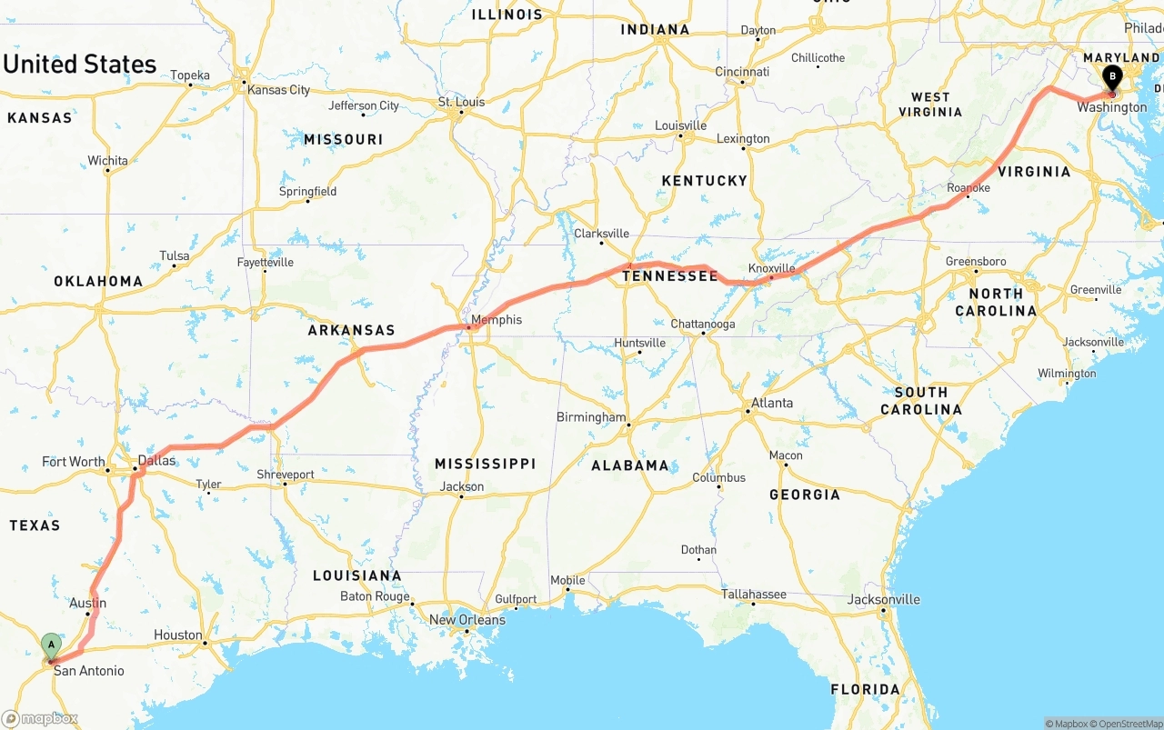 Shipping route from San Antonio to Washington D.C.