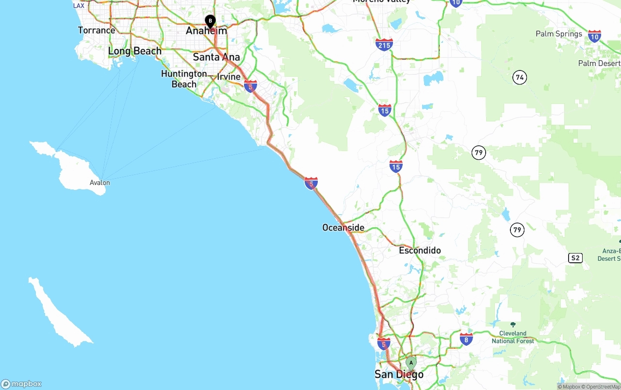Shipping route from San Diego to Anaheim