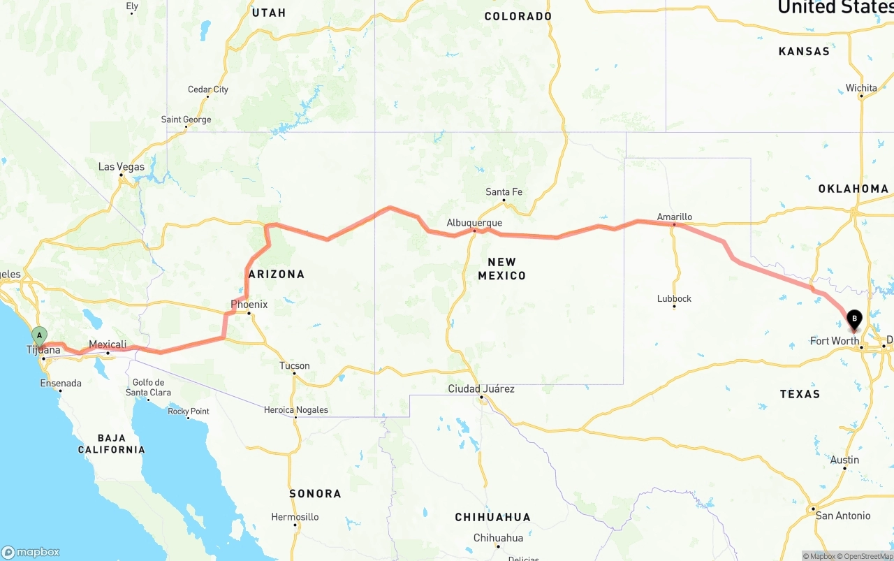 Shipping route from San Diego to Aurora