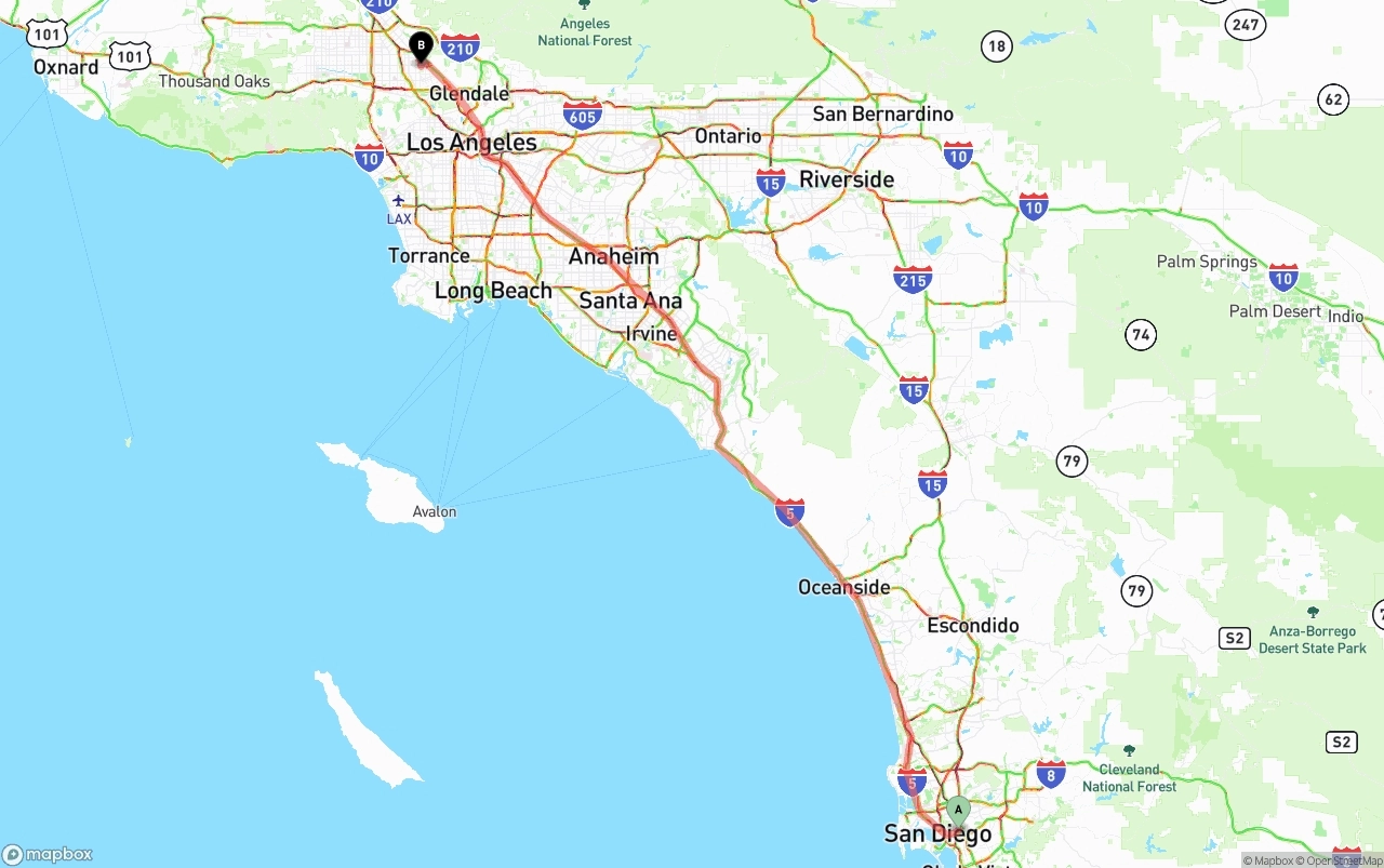 Shipping route from San Diego to Bob Hope Airport