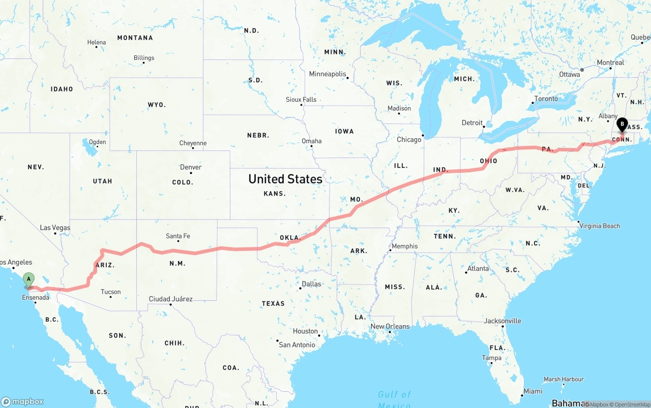 Shipping route from San Diego to Bradley International Airport