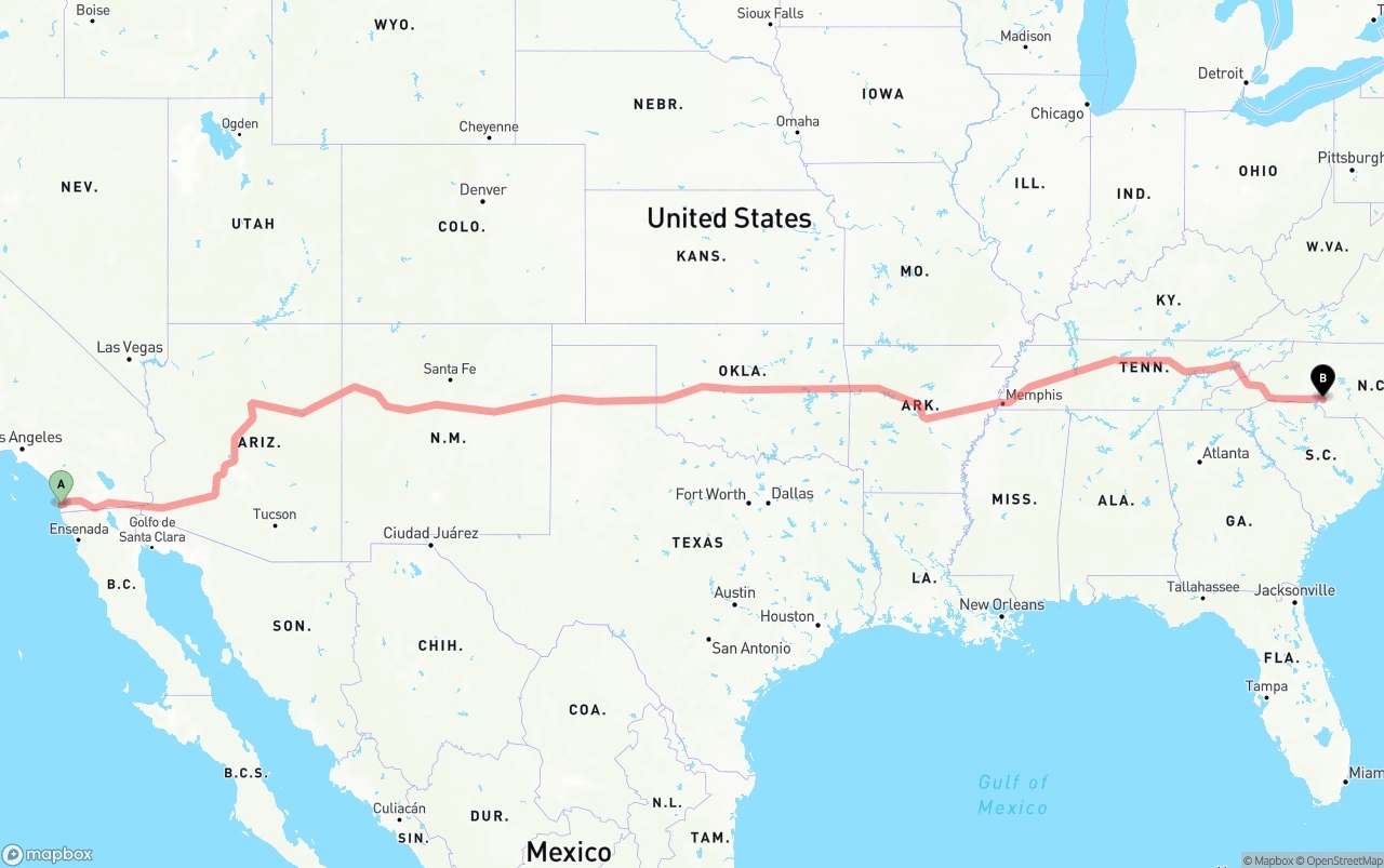 Shipping route from San Diego to Charlotte