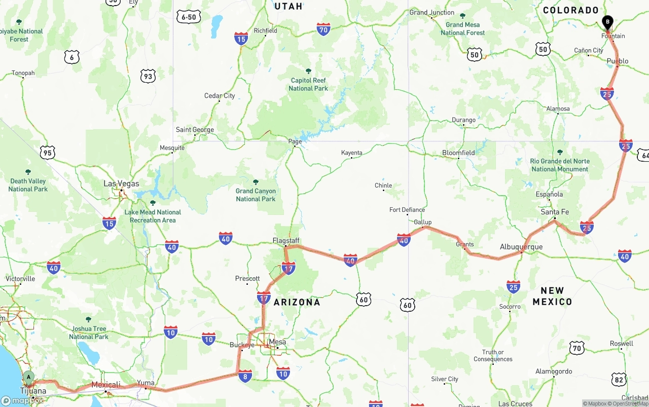 Shipping route from San Diego to Colorado Springs