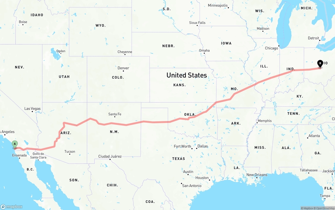 Shipping route from San Diego to Columbus