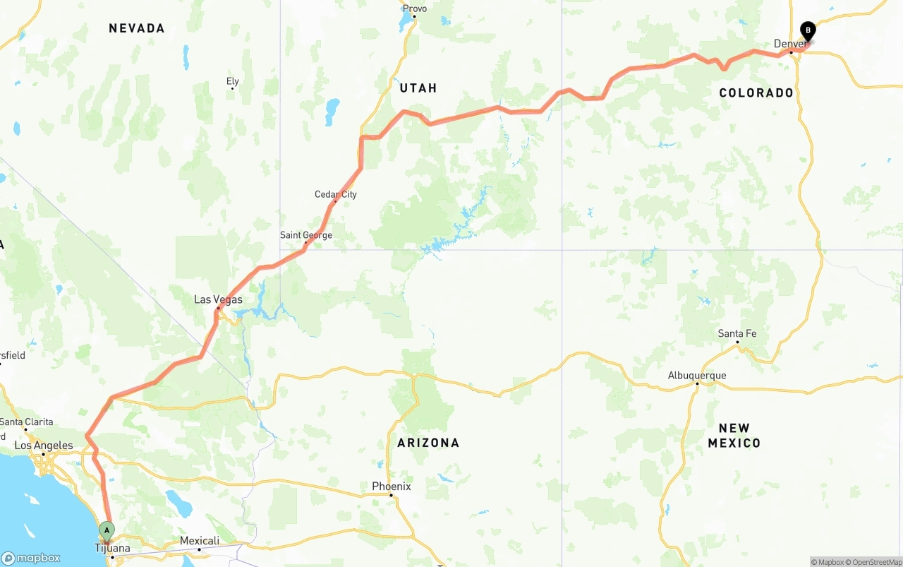 Shipping route from San Diego to Denver International Airport