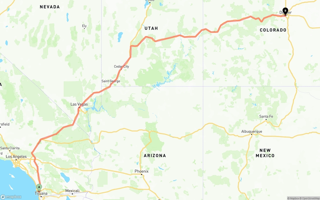 Shipping route from San Diego to Denver