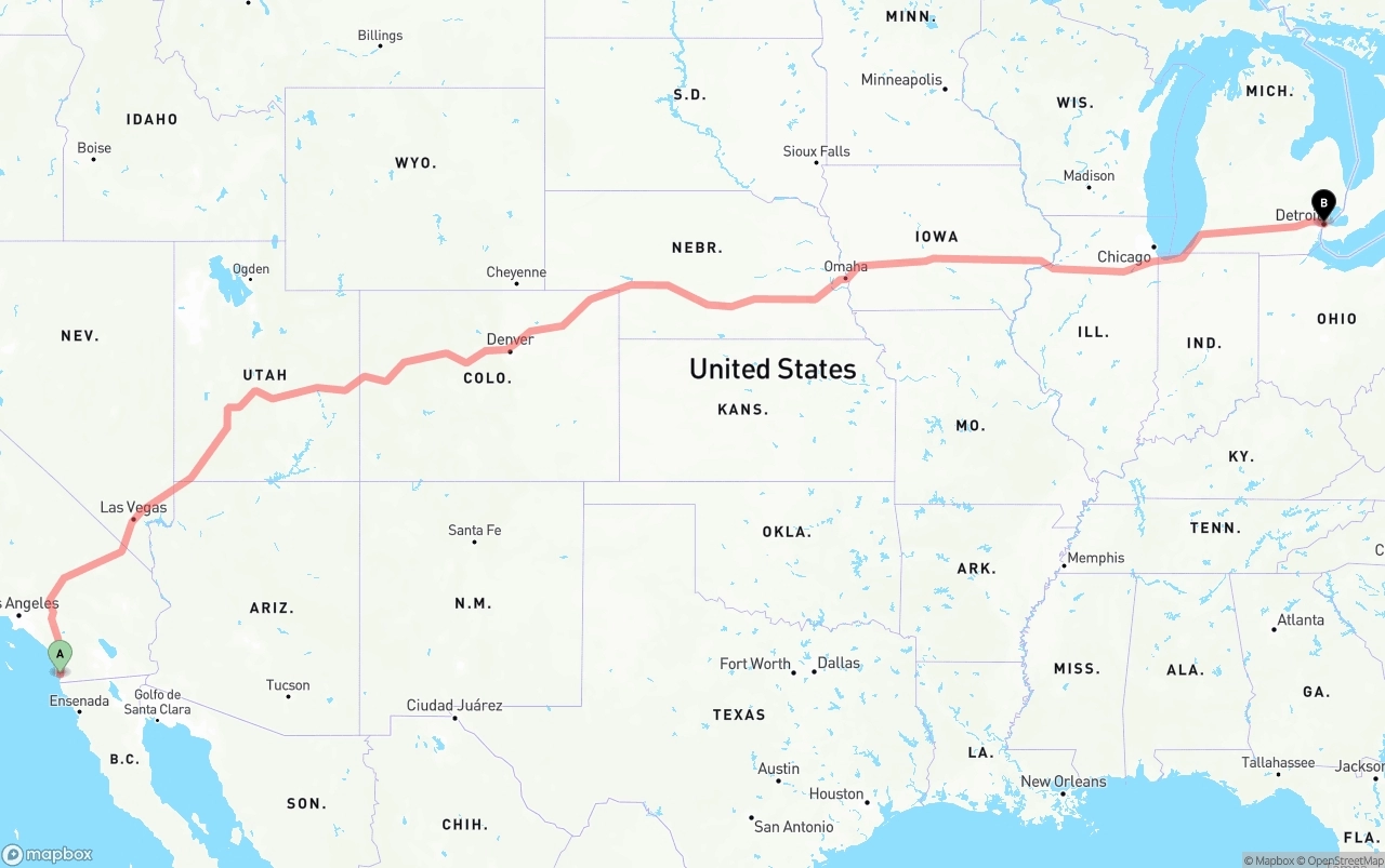 Shipping route from San Diego to Detroit