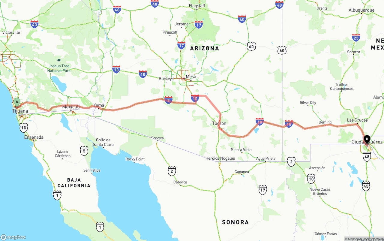 Shipping route from San Diego to El Paso
