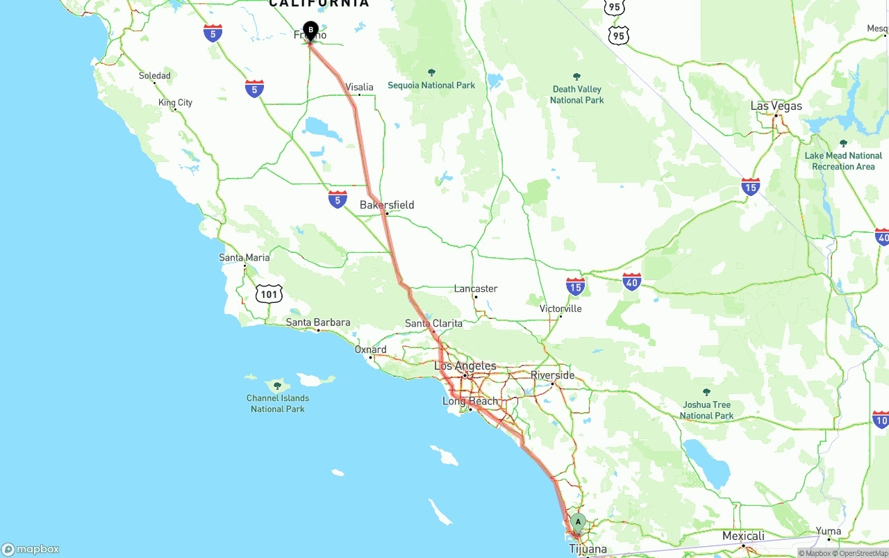 Shipping route from San Diego to Fresno