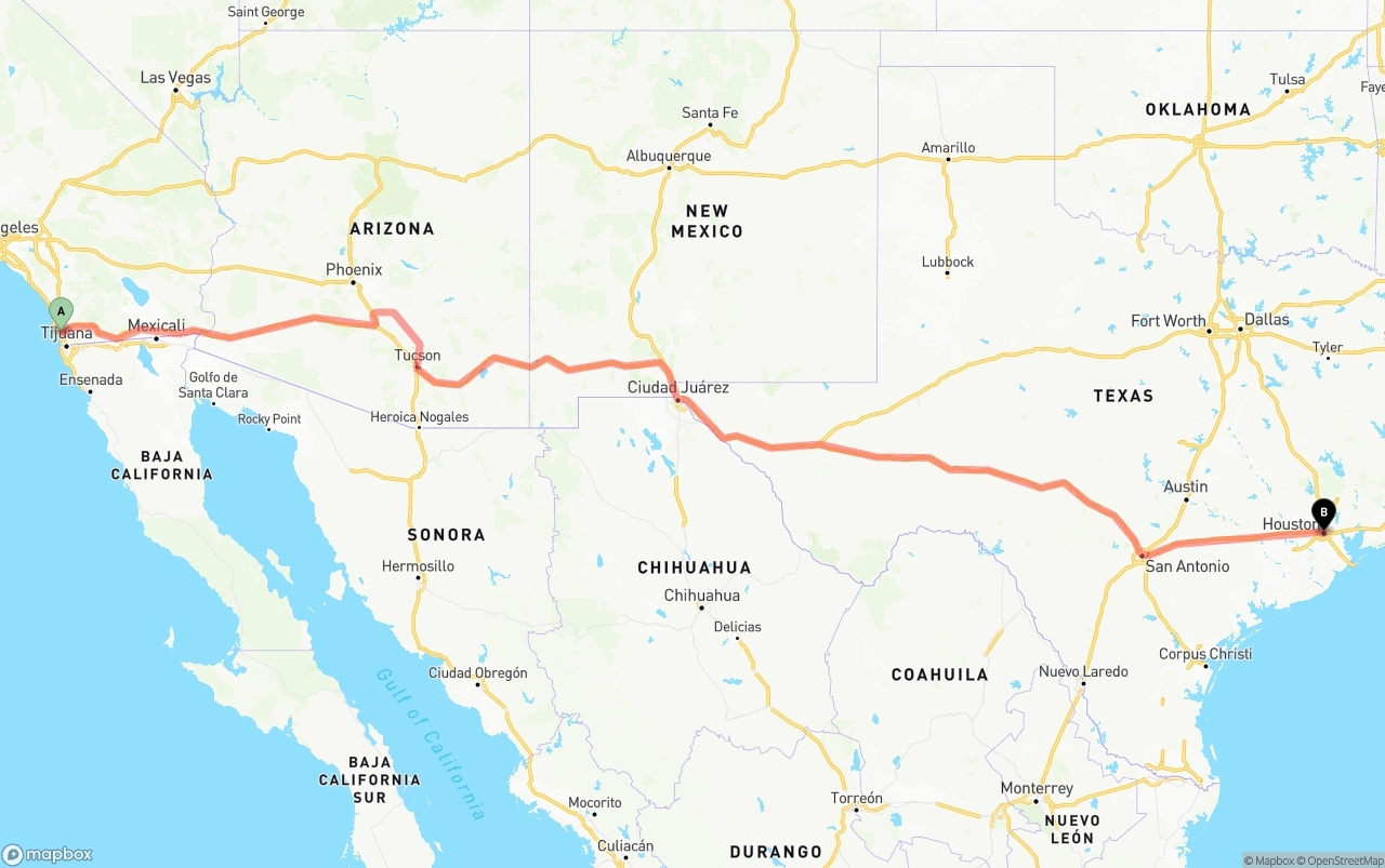 Shipping route from San Diego to Houston