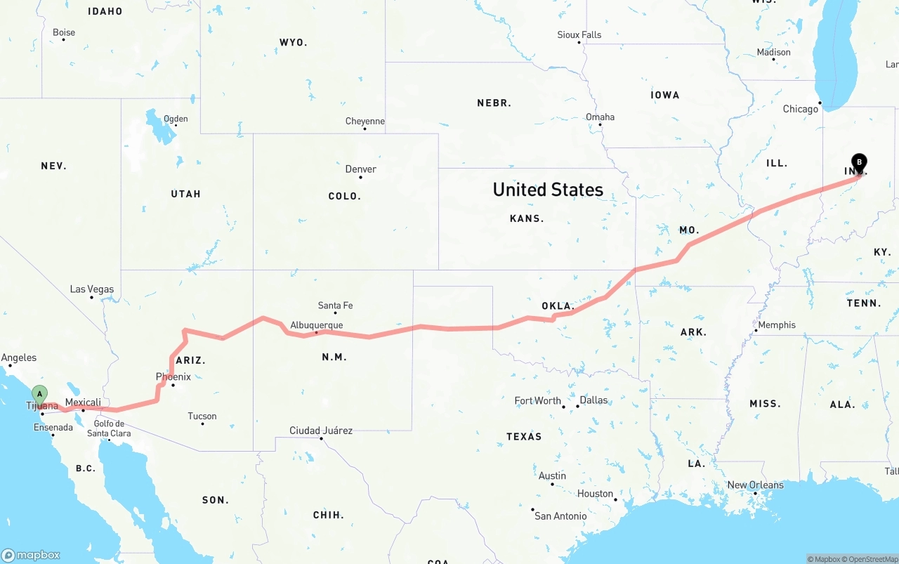 Shipping route from San Diego to Indianapolis