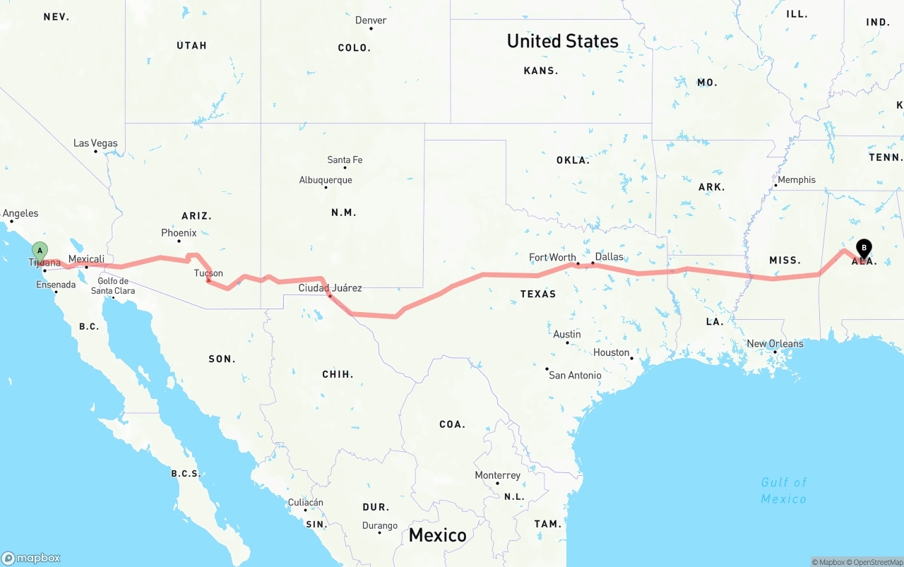 Shipping route from San Diego International Airport to Alabama