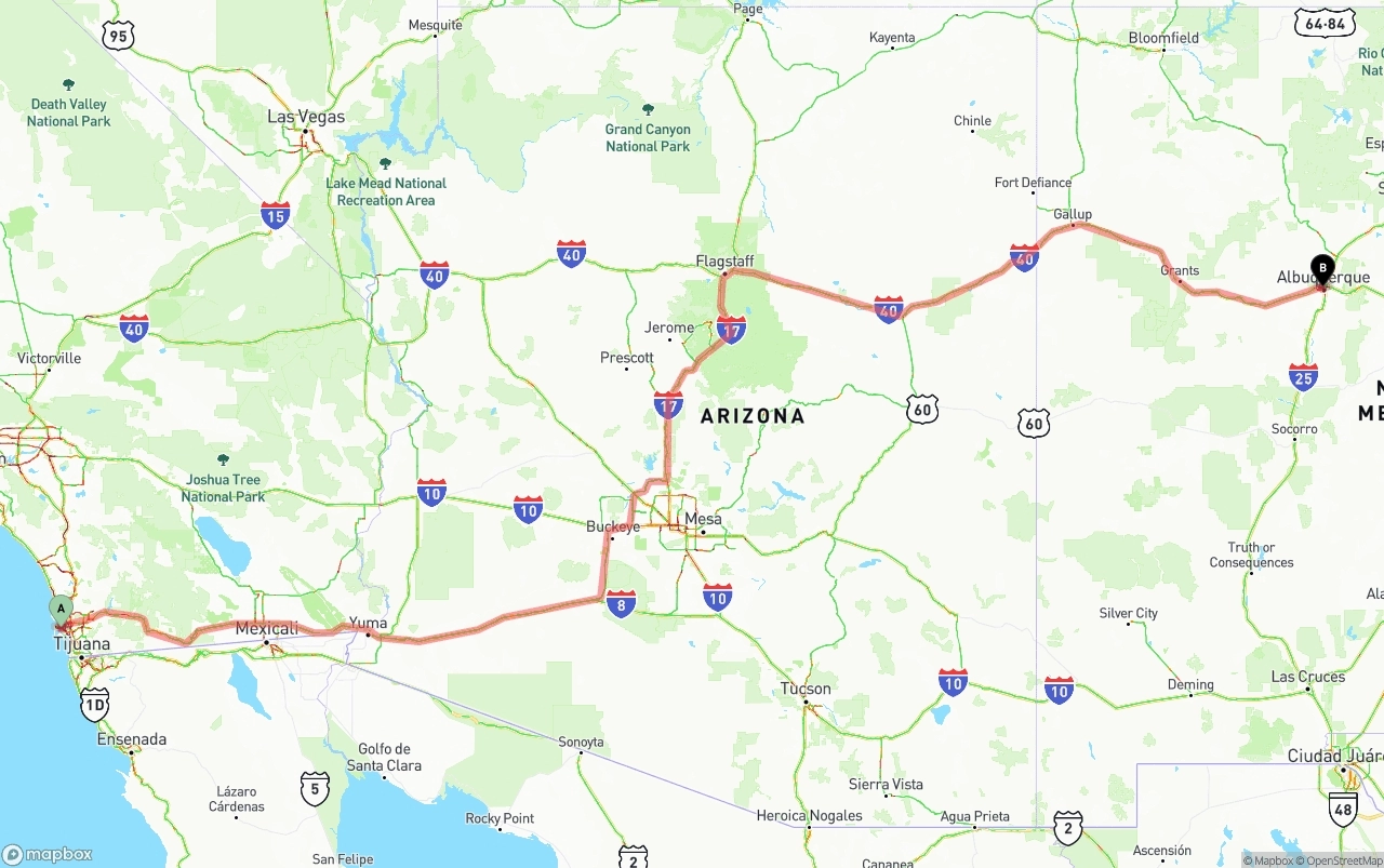 Shipping route from San Diego International Airport to Albuquerque