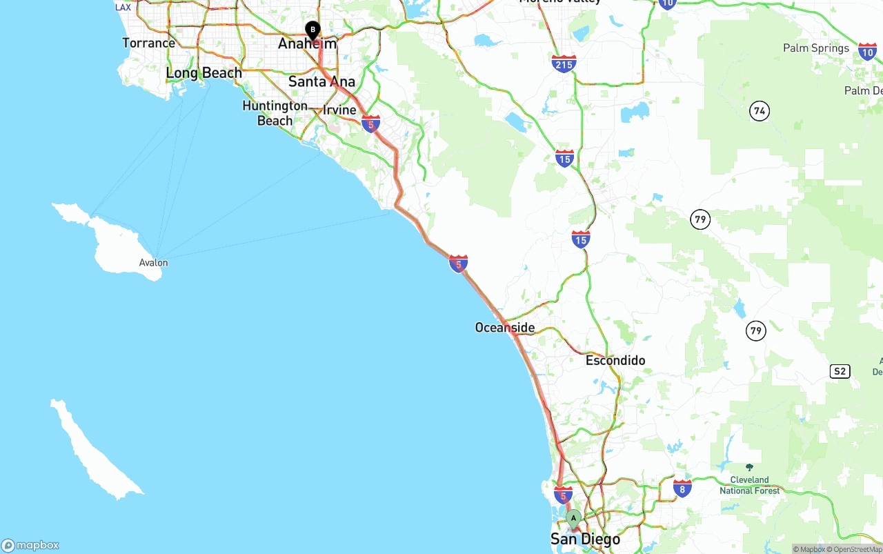 Shipping route from San Diego International Airport to Anaheim