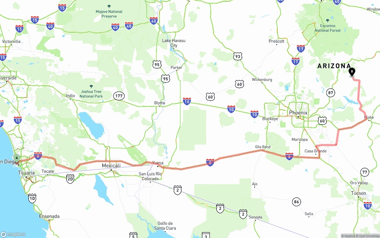 Shipping route from San Diego International Airport to Arizona